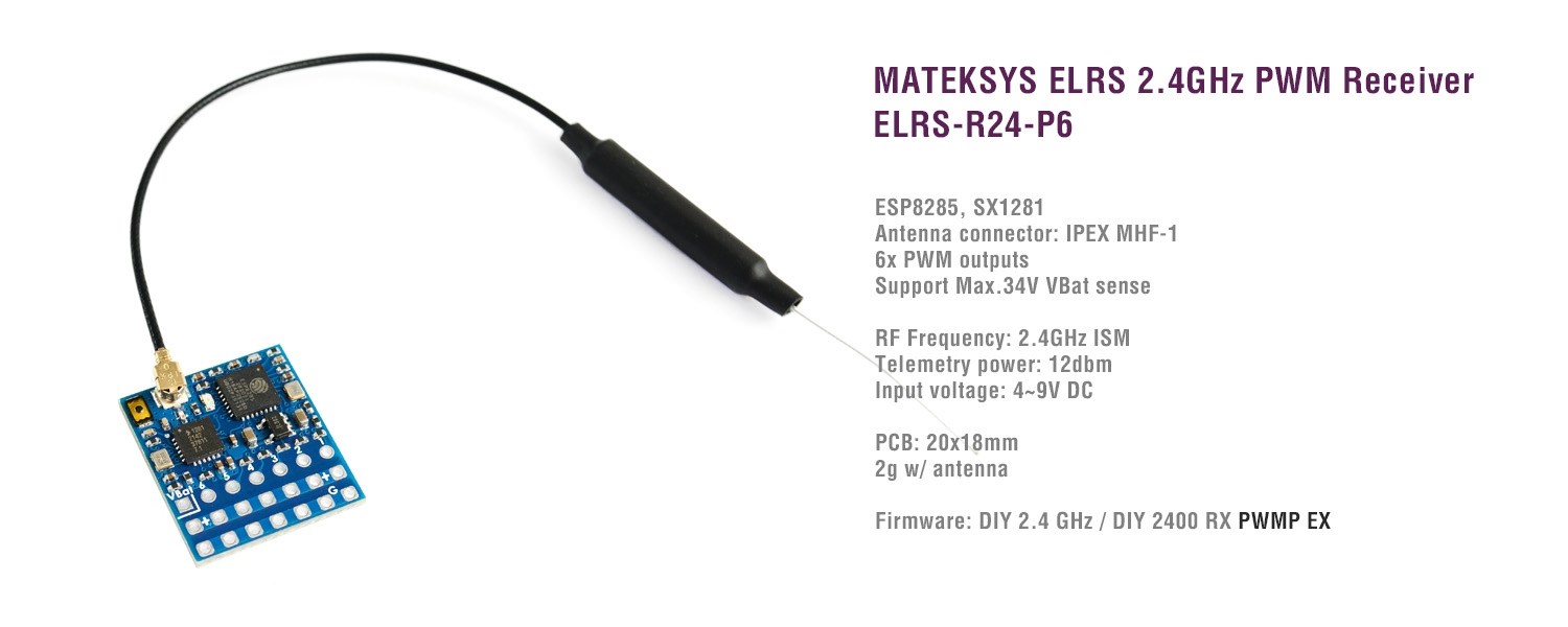 Mateksys ELRS-R24-P6 2.4GHz PWM-mottagare