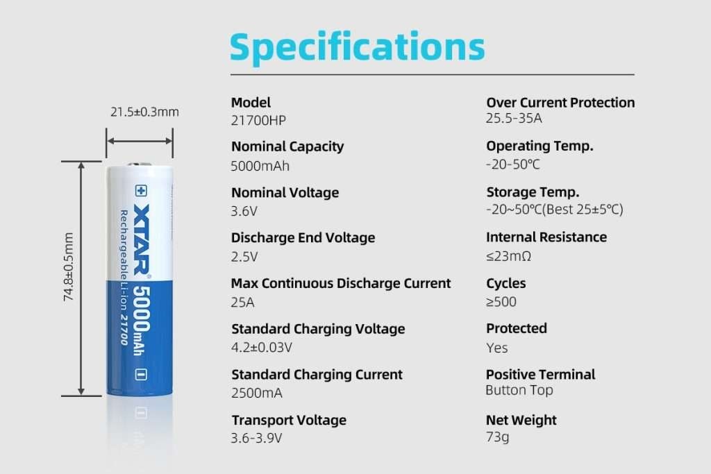XTAR 21700HP 5000mAh 25A Li-Ion